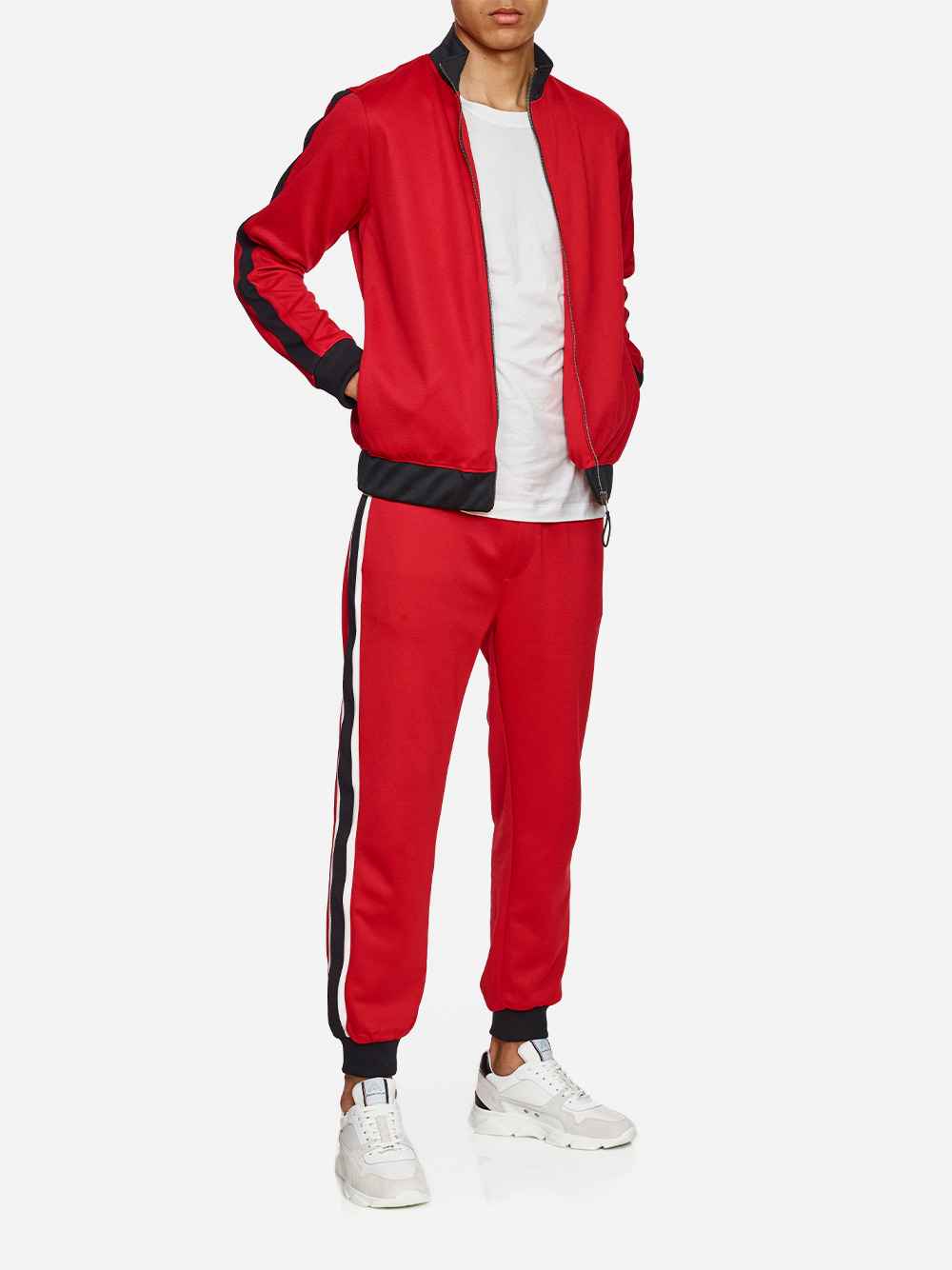 red track pants outfit