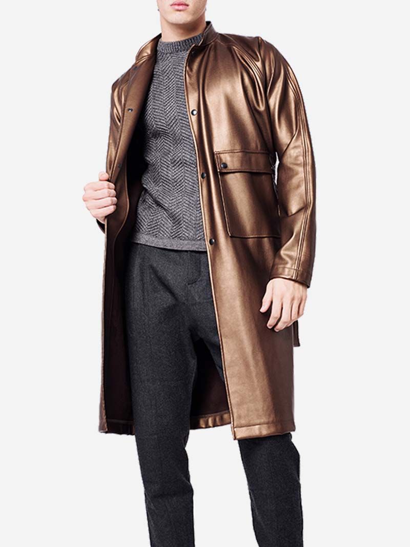 Long Golden PU Overcoat with Belt | Nair Xavier