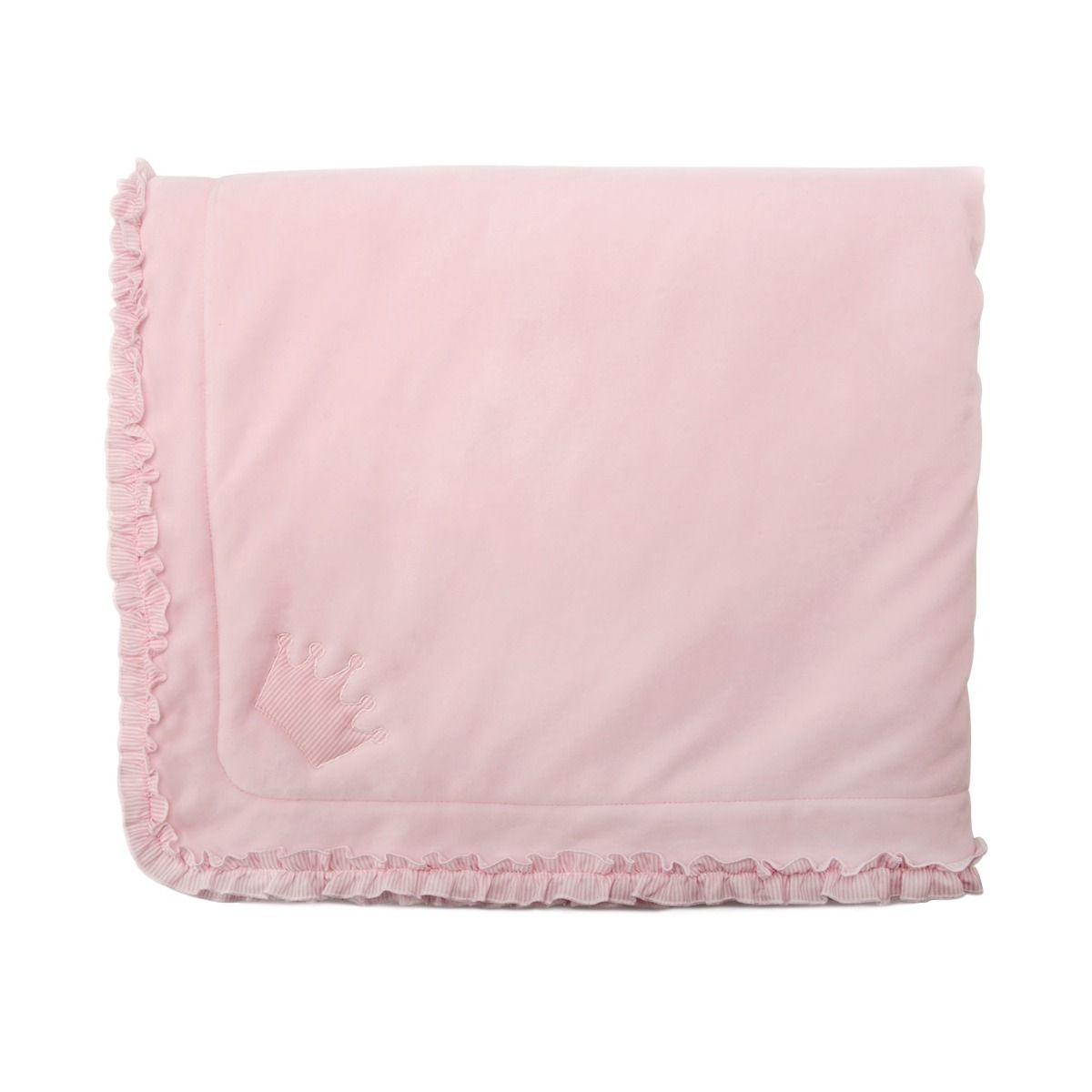 Gentle pink cotton blanket with embroidered crown and frills around.