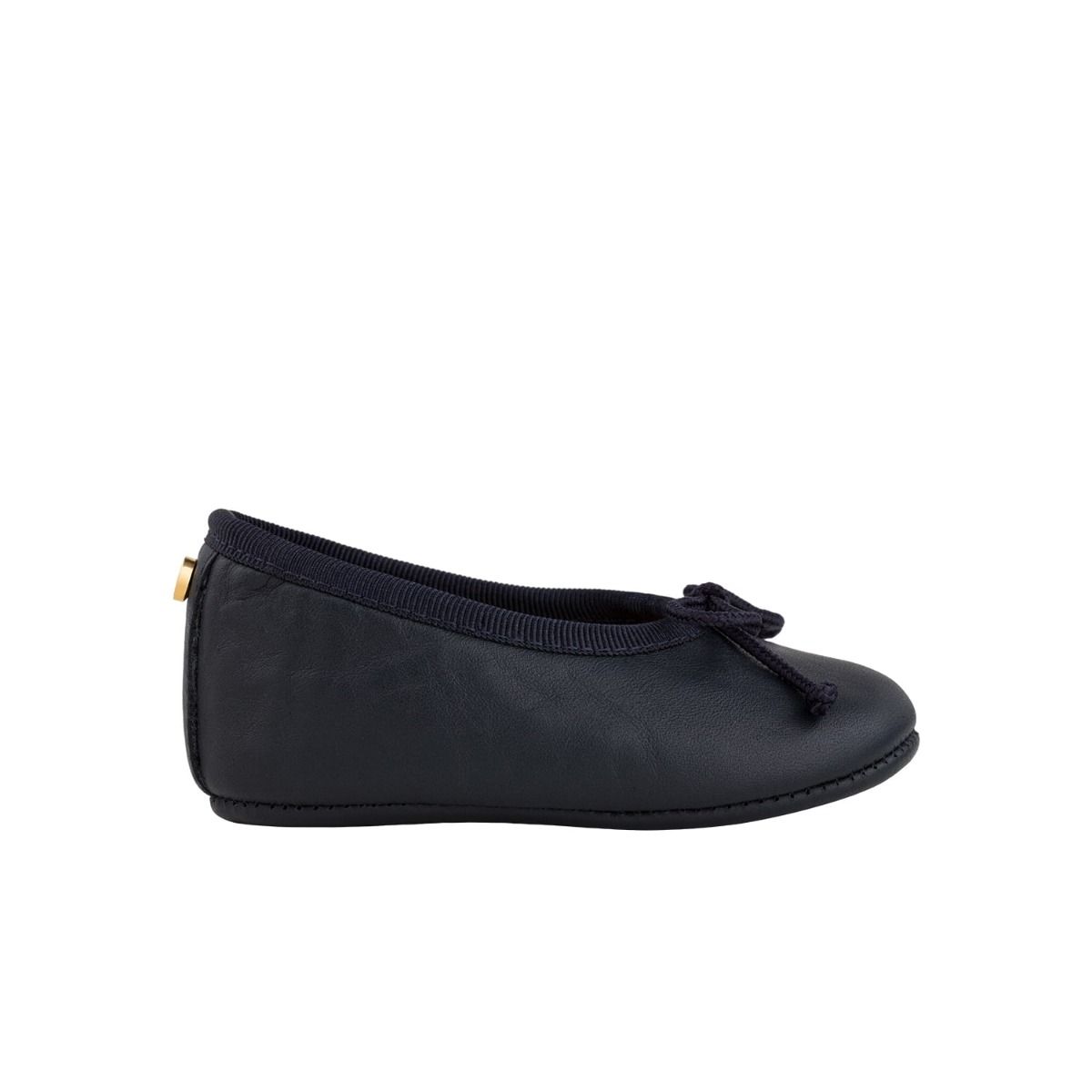 Baby ballet flats in navy blue leather with bow detail in cord.