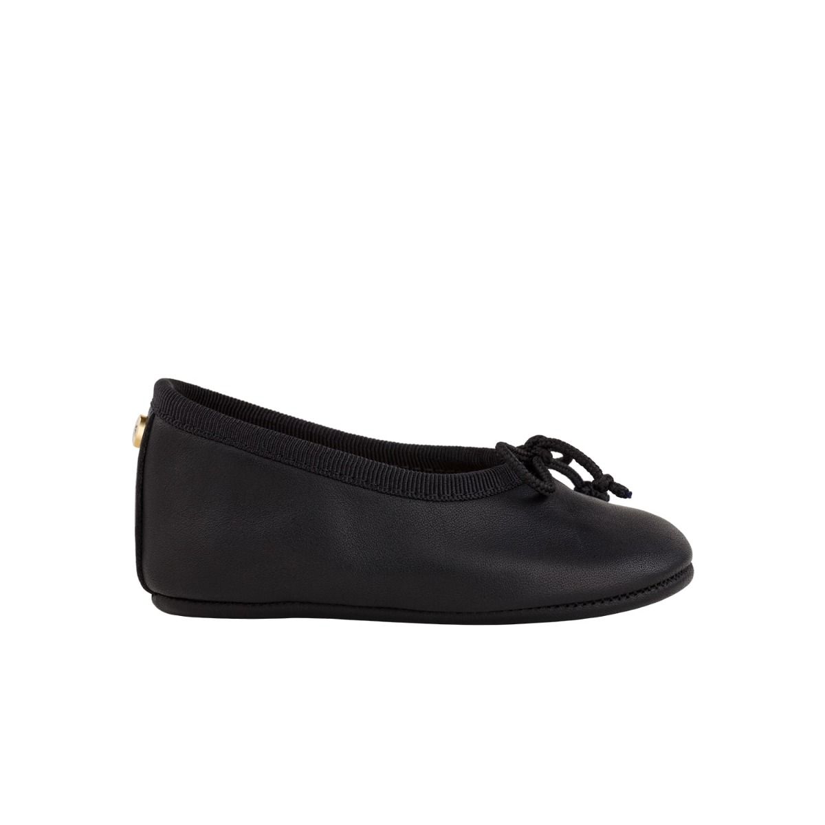 Baby ballet flats in black leather with bow detail in cord.