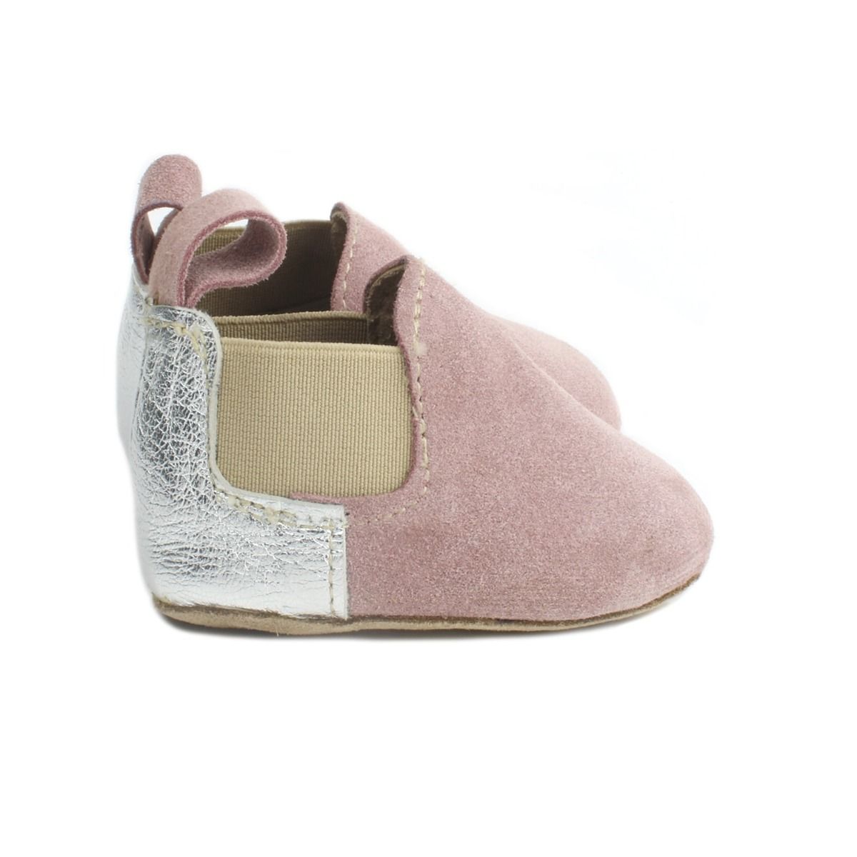 Baby boots in pale pink suede with silver panel on the heel