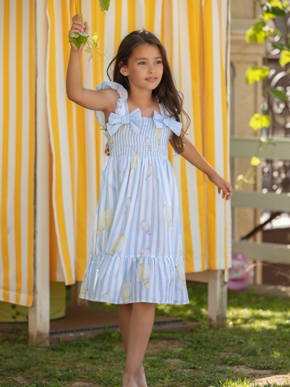Girls dress with blue stripes and air balloons print