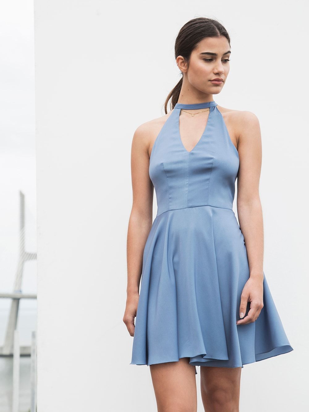 Pastel Blue Halter Neck Mini Dress | Cleonice